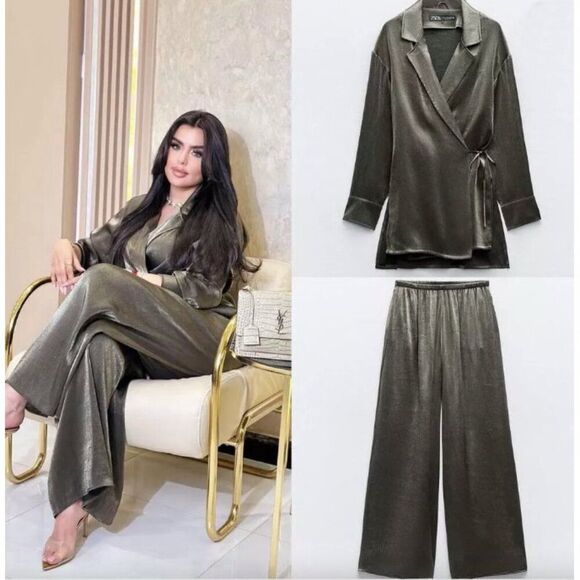 Zara Olive Wide Leg Pants - Picture 2 of 6